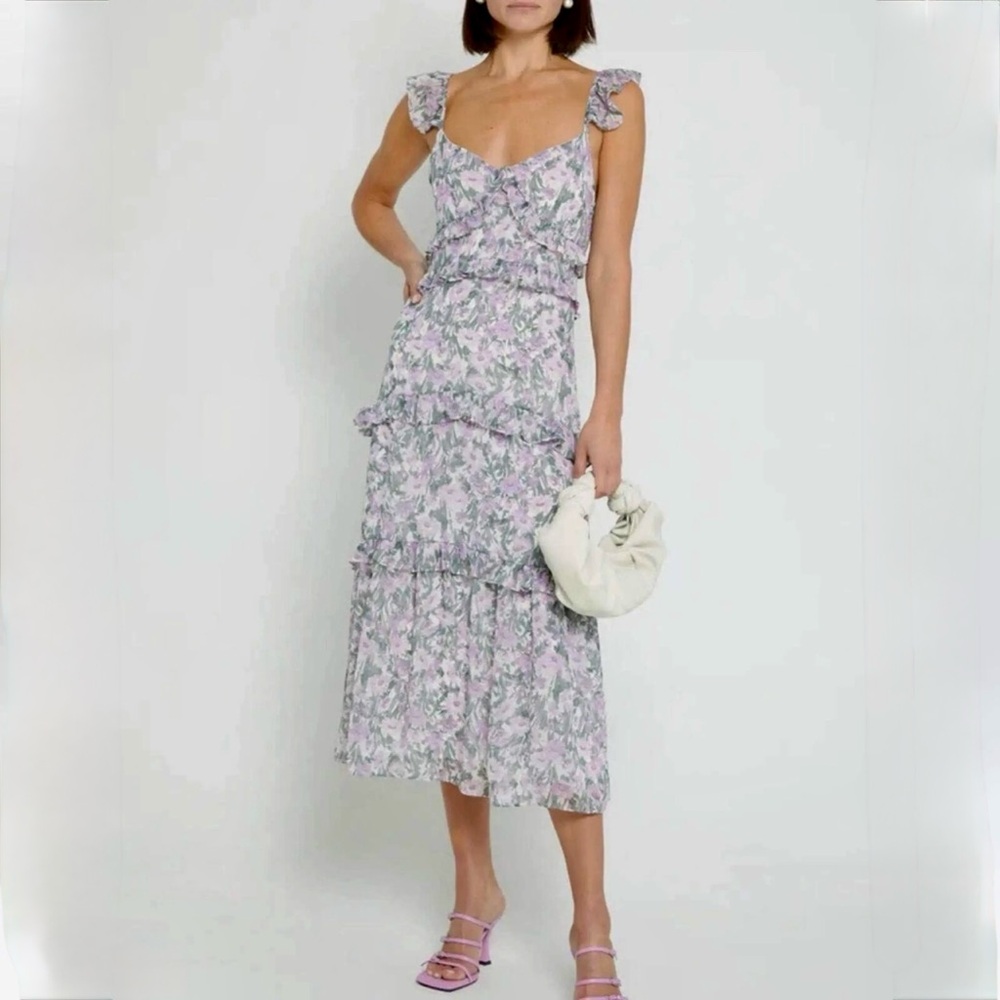 Floral Ruffle Midi Dress - Lavender and Sage